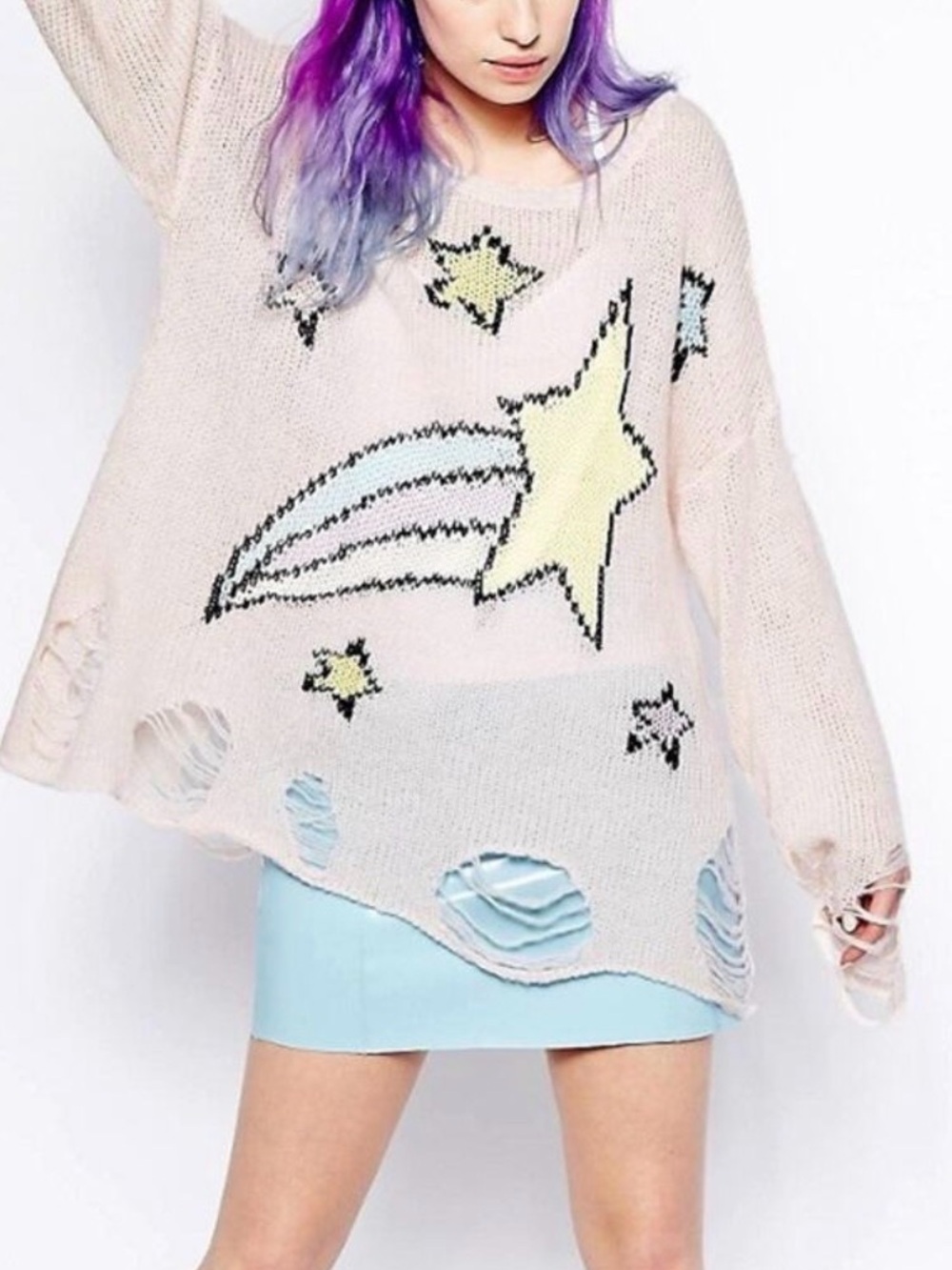 Wildfox Pastel Pink Shooting Star Distressed Sweater